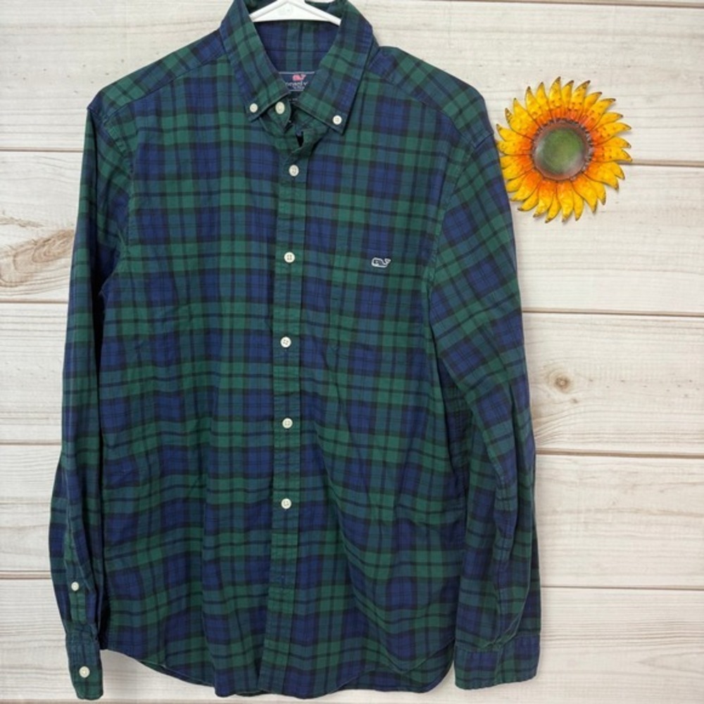 Vineyard Vines Classic Fit Men's Tucker Shirt Green Blue Plaid Medium